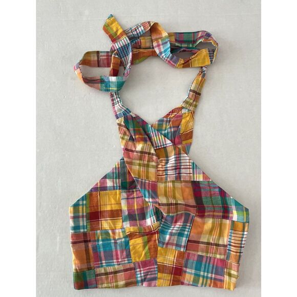 Staud x Birkenstock Womens Kai Patchwork Plaid Halter Top SIZE 4 Multicolor NEW - Picture 1 of 12